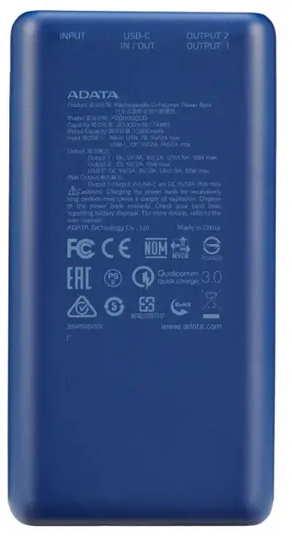 Зовнішній акумулятор (Power Bank) ADATA P20000QCD 20000mAh Blue