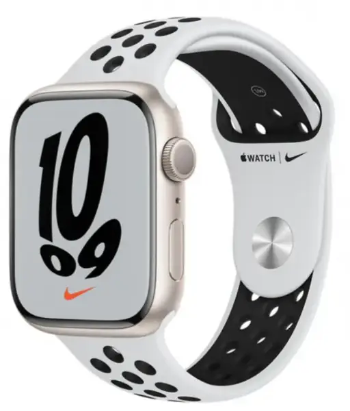 Смарт-годинник Apple Watch Nike Series 7 GPS 45mm Starlight Aluminum Case w. Pure Platinum/Black Nike Sport Band (MKNA3)